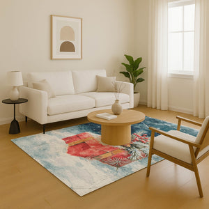 HomeRoots 9' X 12' Geometric Washable Area Rug in Bold Blue, Red & Ivory - Stain Resistant & UV Protected! 701622