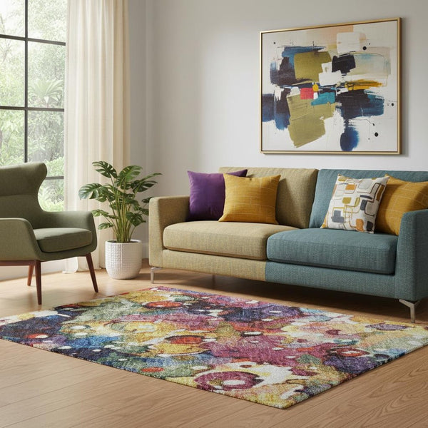 HomeRoots 5' X 8' Navy Blue Area Rug with Gold & Red Floral Design - Washable, UV Protected & Stain-Resistant! 701625