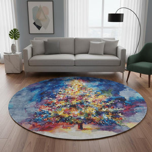 HomeRoots 8' Navy Blue Floral Round Rug – Washable, UV-Protected, Non-Slip Design for Family-Friendly Spaces 701626