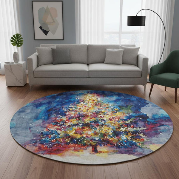 HomeRoots 8' Navy Blue Floral Round Rug – Washable, UV-Protected, Non-Slip Design for Family-Friendly Spaces 701626