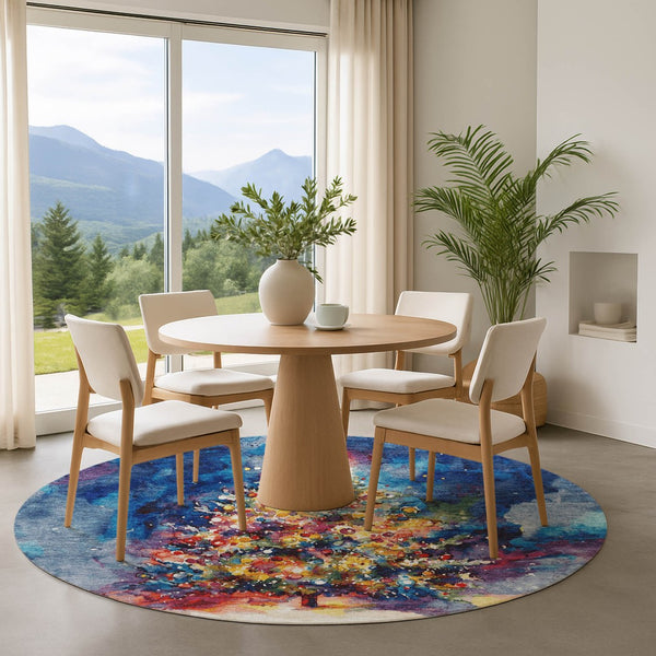 HomeRoots 8' Navy Blue Floral Round Rug – Washable, UV-Protected, Non-Slip Design for Family-Friendly Spaces 701626
