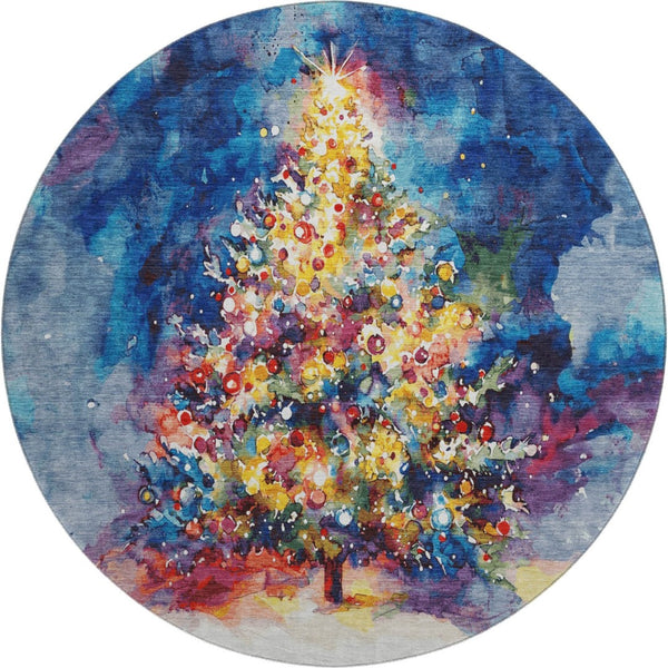 HomeRoots 8' Navy Blue Floral Round Rug – Washable, UV-Protected, Non-Slip Design for Family-Friendly Spaces 701626