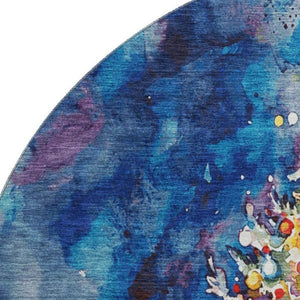 HomeRoots 8' Navy Blue Floral Round Rug – Washable, UV-Protected, Non-Slip Design for Family-Friendly Spaces 701626