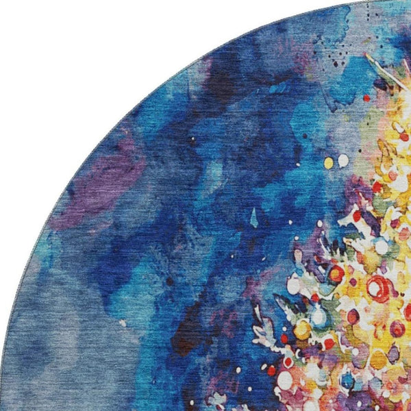 HomeRoots 8' Navy Blue Floral Round Rug – Washable, UV-Protected, Non-Slip Design for Family-Friendly Spaces 701626