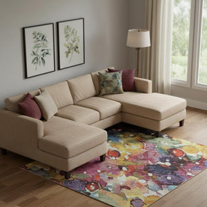 HomeRoots 9' X 12' Floral Area Rug in Navy Blue, Gold & Red – UV Protected, Stain-Resistant, Durable Design 701628