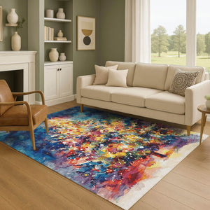 HomeRoots 10' X 14' Floral Area Rug in Navy, Gold & Red – Washable, UV Protected, Stain Resistant for Homes 701629