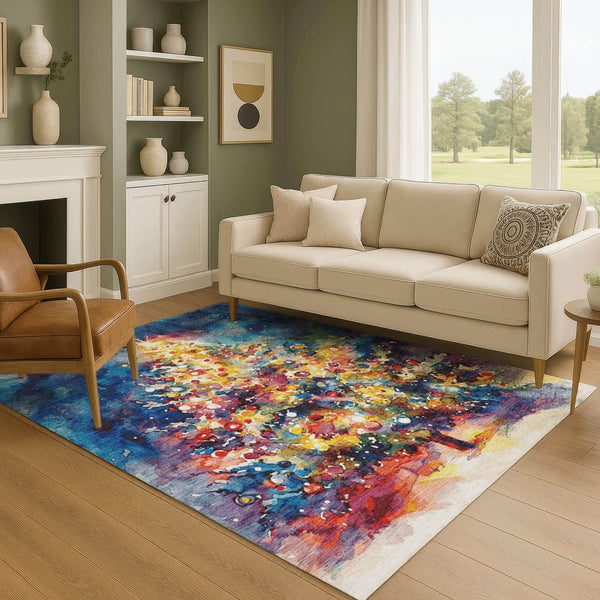 HomeRoots 10' X 14' Floral Area Rug in Navy, Gold & Red – Washable, UV Protected, Stain Resistant for Homes 701629