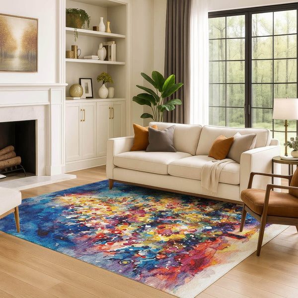 HomeRoots 10' X 14' Floral Area Rug in Navy, Gold & Red – Washable, UV Protected, Stain Resistant for Homes 701629