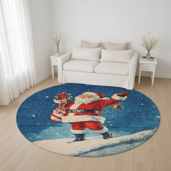 HomeRoots 8' Floral Washable Round Rug in Vibrant Blue, Red & Green with UV Protection for Indoor & Outdoor Use 701632