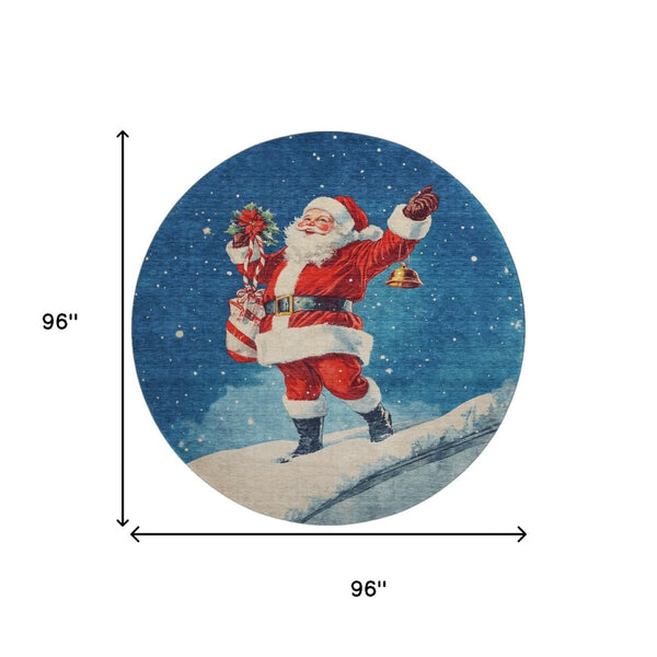 HomeRoots 8' Floral Washable Round Rug in Vibrant Blue, Red & Green with UV Protection for Indoor & Outdoor Use 701632