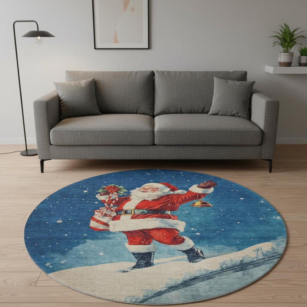 HomeRoots 8' Floral Washable Round Rug in Vibrant Blue, Red & Green with UV Protection for Indoor & Outdoor Use 701632