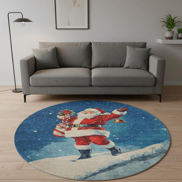 HomeRoots 8' Floral Washable Round Rug in Vibrant Blue, Red & Green with UV Protection for Indoor & Outdoor Use 701632