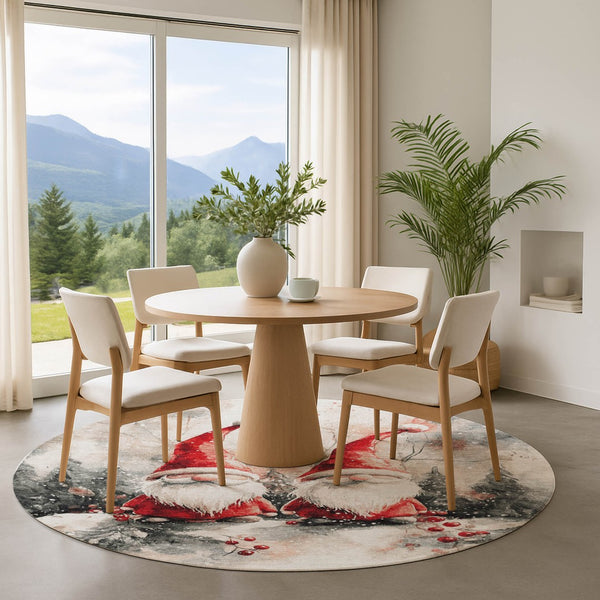 HomeRoots 8' Ivory Red and Gray Floral Washable Round Rug - Durable, UV-Protected, Perfect for High-Traffic Areas! 701638