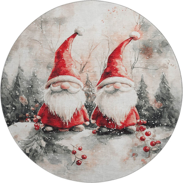 HomeRoots 8' Ivory Red and Gray Floral Washable Round Rug - Durable, UV-Protected, Perfect for High-Traffic Areas! 701638