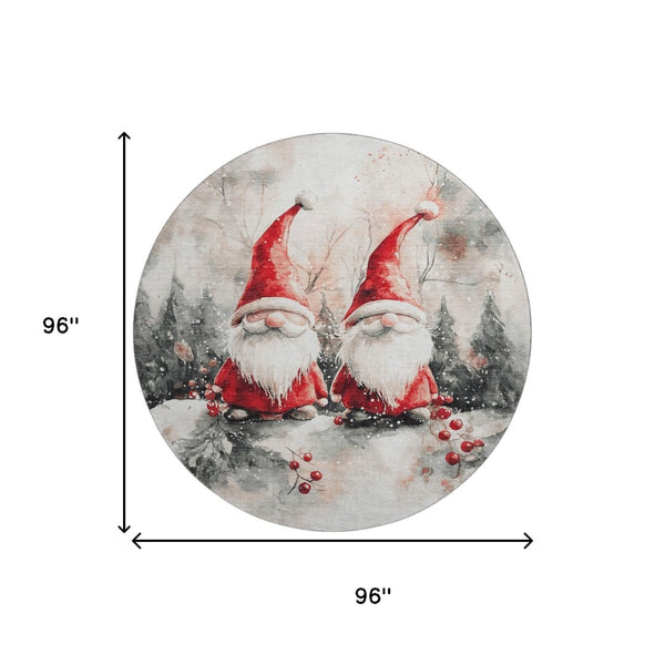HomeRoots 8' Ivory Red and Gray Floral Washable Round Rug - Durable, UV-Protected, Perfect for High-Traffic Areas! 701638