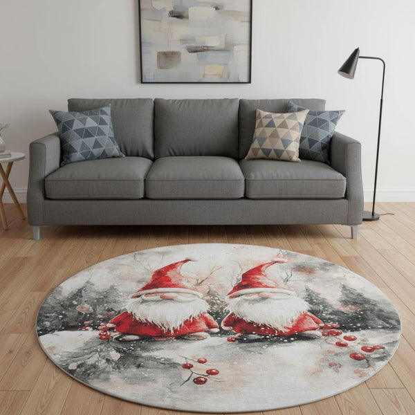 HomeRoots 8' Ivory Red and Gray Floral Washable Round Rug - Durable, UV-Protected, Perfect for High-Traffic Areas! 701638