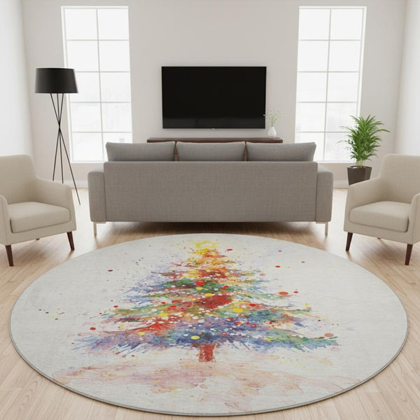HomeRoots 8' Ivory Floral Washable Round Rug with Purple & Yellow Accents - UV Protected for Everyday Use 701644