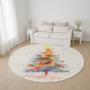 HomeRoots 8' Ivory Floral Washable Round Rug with Purple & Yellow Accents - UV Protected for Everyday Use 701644