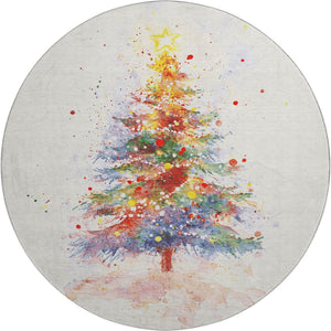 HomeRoots 8' Ivory Floral Washable Round Rug with Purple & Yellow Accents - UV Protected for Everyday Use 701644