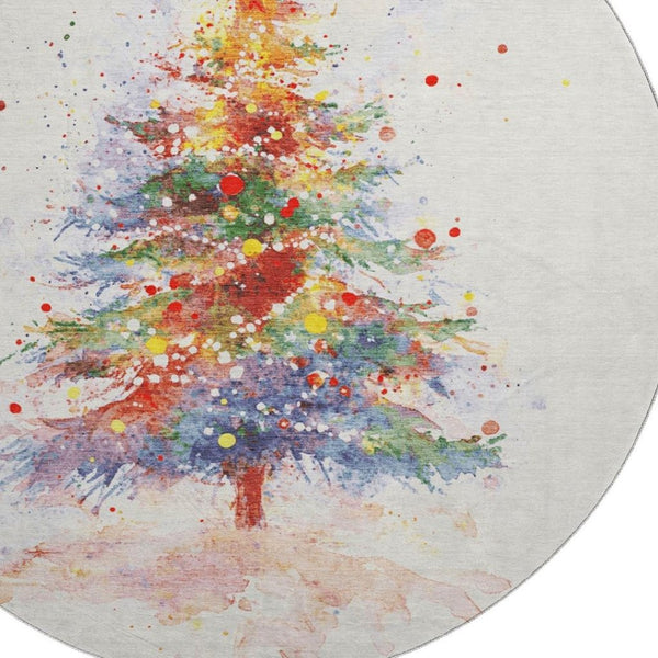 HomeRoots 8' Ivory Floral Washable Round Rug with Purple & Yellow Accents - UV Protected for Everyday Use 701644