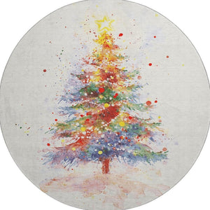 HomeRoots 8' Ivory Floral Washable Round Rug with Purple & Yellow Accents - UV Protected for Everyday Use 701644