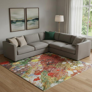 HomeRoots 9' X 12' Floral Area Rug in Ivory, Purple & Yellow - Washable, UV Protected, Ideal for Busy Homes 701646