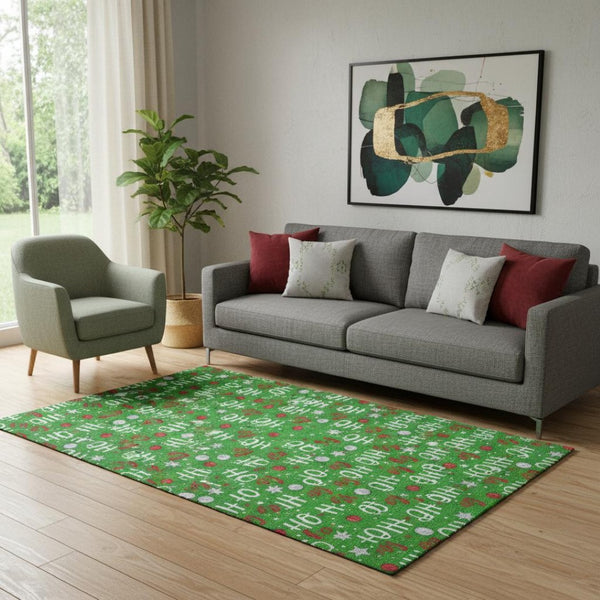 HomeRoots 5' X 8' Playful Green Red Silver Polka Dot Washable Area Rug with Non-Slip Backing & UV Protection 701649