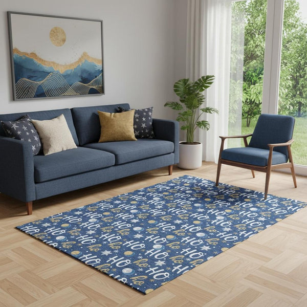 HomeRoots 5' Navy Blue Washable Area Rug with Gold & White Polka Dots, Stain Resistant & UV Protected Design 701655