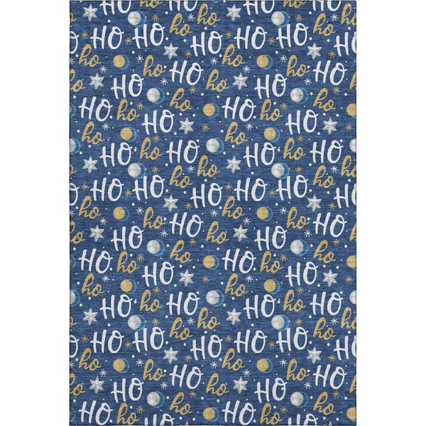 HomeRoots 5' Navy Blue Washable Area Rug with Gold & White Polka Dots, Stain Resistant & UV Protected Design 701655