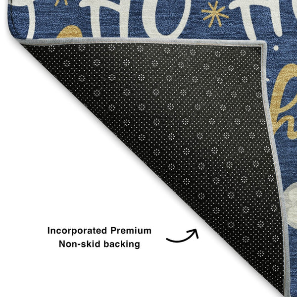 HomeRoots 5' Navy Blue Washable Area Rug with Gold & White Polka Dots, Stain Resistant & UV Protected Design 701655