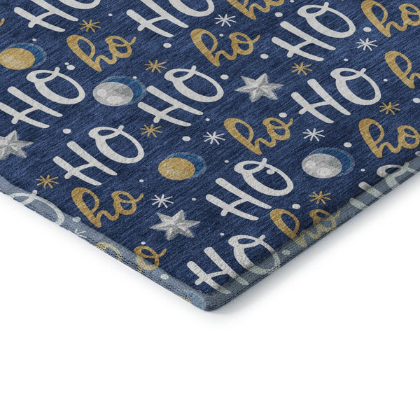 HomeRoots 5' Navy Blue Washable Area Rug with Gold & White Polka Dots, Stain Resistant & UV Protected Design 701655