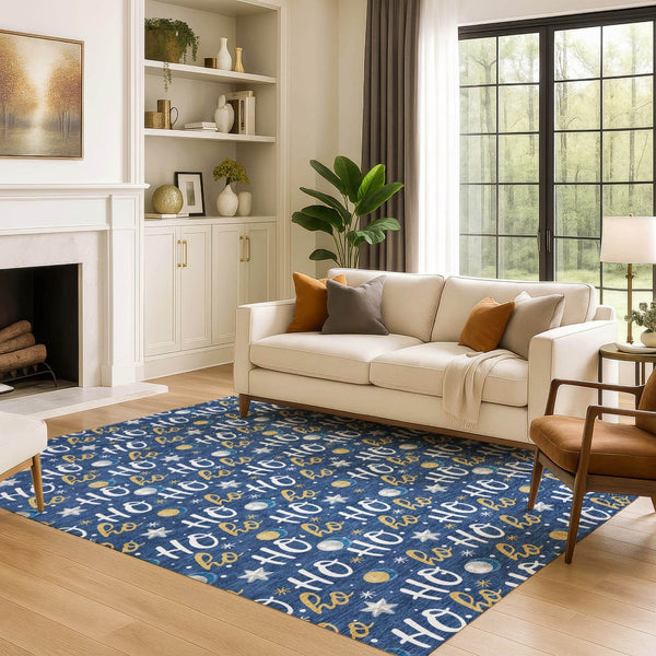 HomeRoots 5' Navy Blue Washable Area Rug with Gold & White Polka Dots, Stain Resistant & UV Protected Design 701655