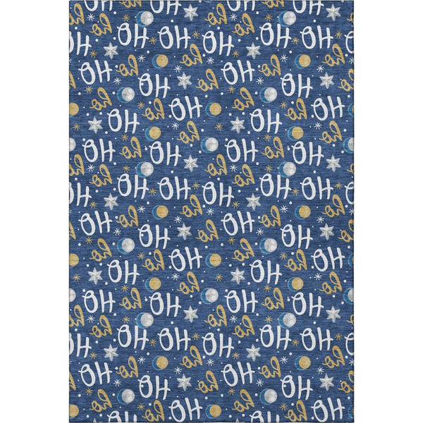 HomeRoots 5' Navy Blue Washable Area Rug with Gold & White Polka Dots, Stain Resistant & UV Protected Design 701655