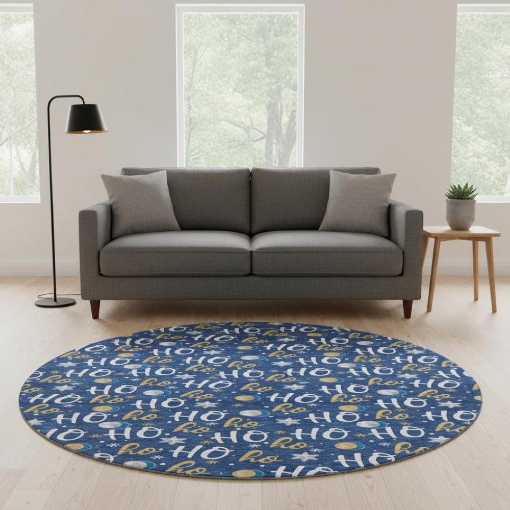 HomeRoots 8' Washable Navy Blue, White & Gold Polka Dot Round Rug with UV Protection for High-Traffic Areas 701656