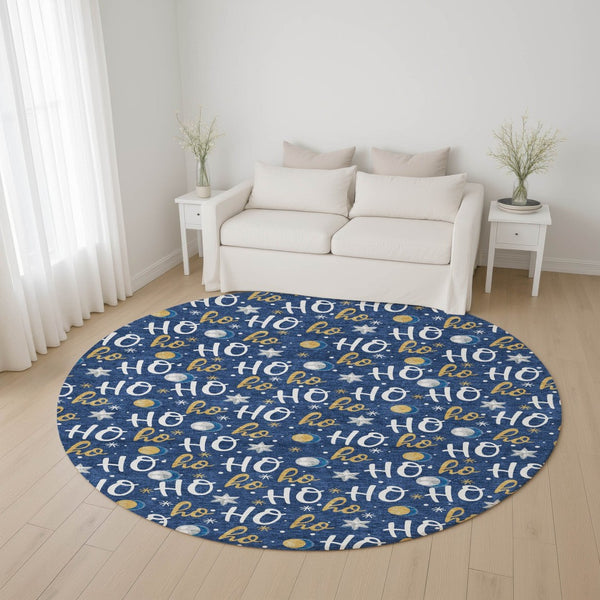 HomeRoots 8' Washable Navy Blue, White & Gold Polka Dot Round Rug with UV Protection for High-Traffic Areas 701656