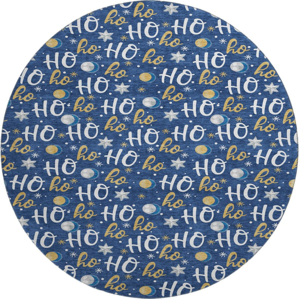 HomeRoots 8' Washable Navy Blue, White & Gold Polka Dot Round Rug with UV Protection for High-Traffic Areas 701656