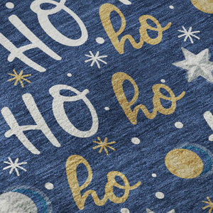 HomeRoots 8' Washable Navy Blue, White & Gold Polka Dot Round Rug with UV Protection for High-Traffic Areas 701656