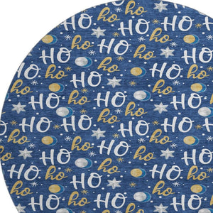 HomeRoots 8' Washable Navy Blue, White & Gold Polka Dot Round Rug with UV Protection for High-Traffic Areas 701656