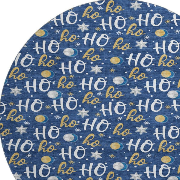 HomeRoots 8' Washable Navy Blue, White & Gold Polka Dot Round Rug with UV Protection for High-Traffic Areas 701656