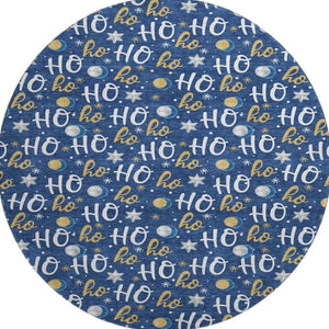 HomeRoots 8' Washable Navy Blue, White & Gold Polka Dot Round Rug with UV Protection for High-Traffic Areas 701656