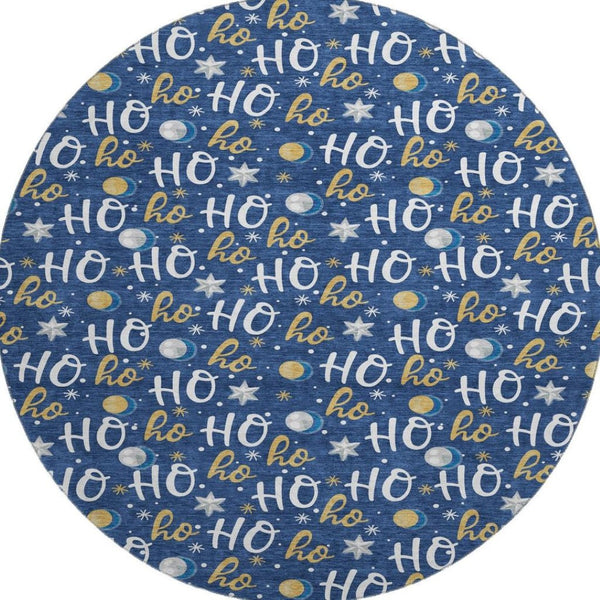 HomeRoots 8' Washable Navy Blue, White & Gold Polka Dot Round Rug with UV Protection for High-Traffic Areas 701656