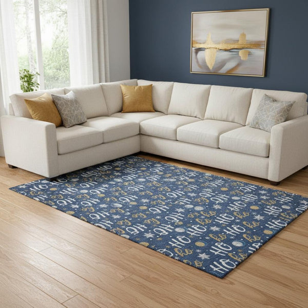 HomeRoots 8' X 10' Stylish Navy Blue Gold Polka Dot Area Rug - Washable, UV Protected, Non-Slip Backing for Homes 701657