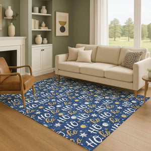 HomeRoots 8' X 10' Stylish Navy Blue Gold Polka Dot Area Rug - Washable, UV Protected, Non-Slip Backing for Homes 701657