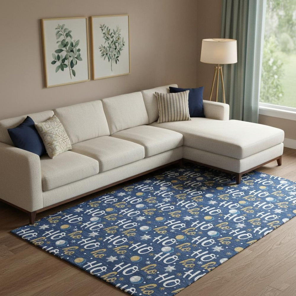 HomeRoots 9' X 12' Stylish Navy Blue, White & Gold Polka Dot Washable Area Rug with UV Protection & Stain Resistance 701658