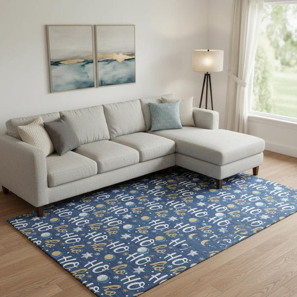 HomeRoots 10' Navy Blue, White & Gold Polka Dot Washable Area Rug - UV Protected, Stain-Resistant & Durable Design 701659