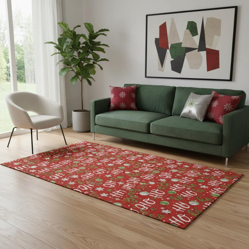 HomeRoots 5' X 8' Festive Red White Green Polka Dot Washable Area Rug with UV Protection for Family Spaces 701661