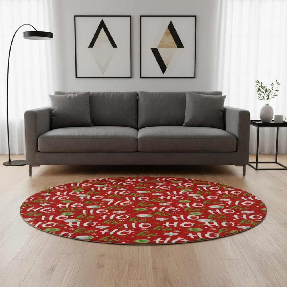 HomeRoots 8' Vibrant Red White Green Polka Dot Washable Round Rug with UV Protection for Busy Homes 701662