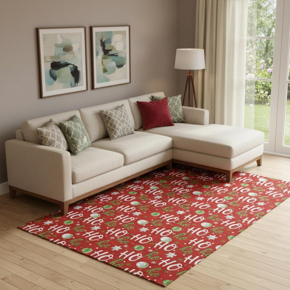 HomeRoots 9' X 12' Vibrant Red, White & Green Polka Dot Washable Area Rug - UV Protected & Stain Resistant! 701664