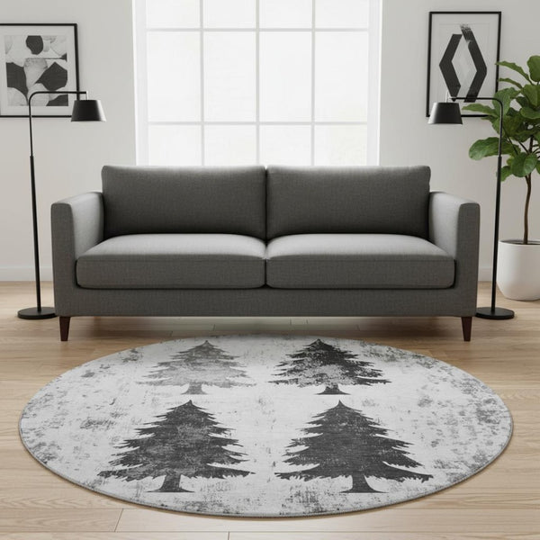 HomeRoots 8' Gray and Charcoal Floral Round Rug – Washable, Stain Resistant, UV Protected for Busy Homes 701668