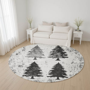 HomeRoots 8' Gray and Charcoal Floral Round Rug – Washable, Stain Resistant, UV Protected for Busy Homes 701668